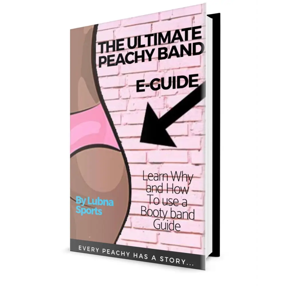 Boekomslag voor ’The Ultimate Peachy Band E-Guide’ met een gestileerde illustratie van billen en een naar beneden wijzende pijl.