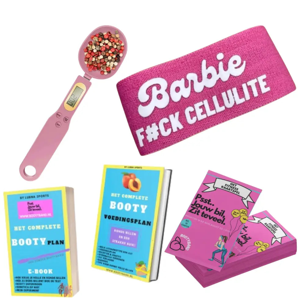 Roze bord met witte tekst ’Barbie F#CK CELLULITE’ naast verschillende fitnessgerelateerde boeken en accessoires.