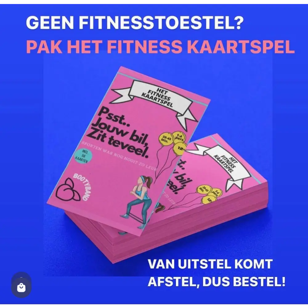 Roze doos met een fitness kaartspel met Nederlandse tekst op de cover.