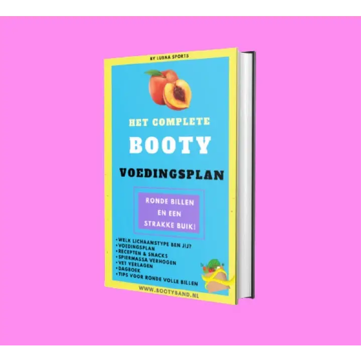 Boekomslag met de titel ’Het Complete Booty Voedingsplan’ met een illustratie van een perzik.