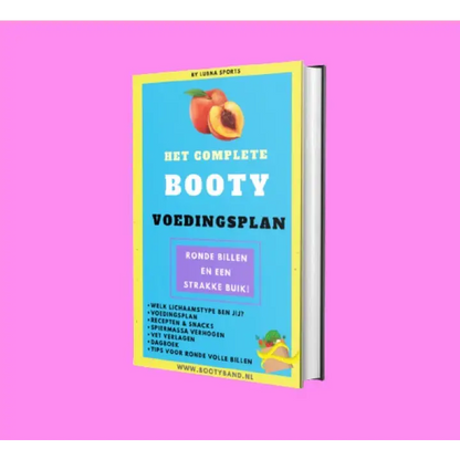 Boekomslag met de titel ’Het Complete Booty Voedingsplan’ met een illustratie van een perzik.