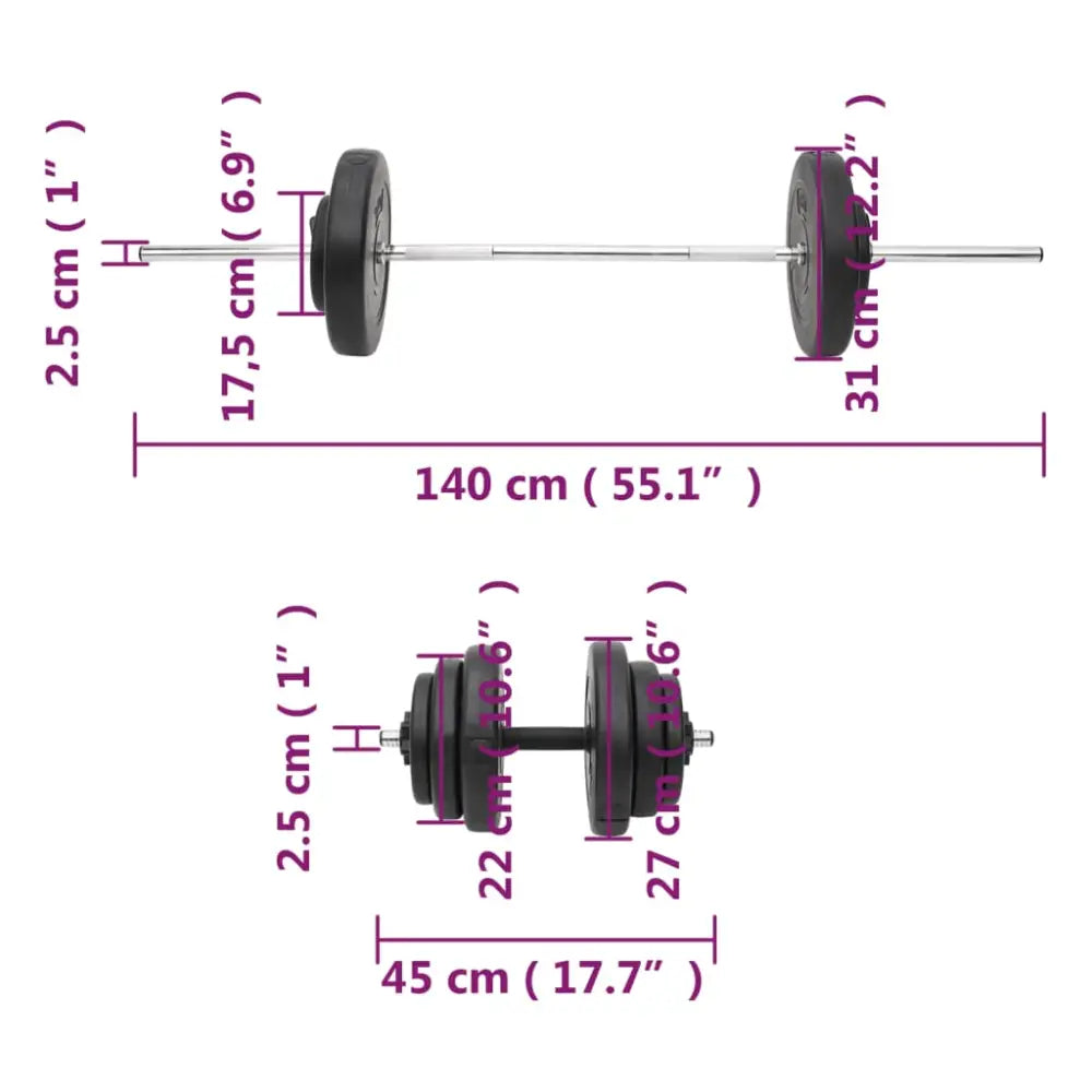 Barbell- en halterset met gelabelde afmetingen.