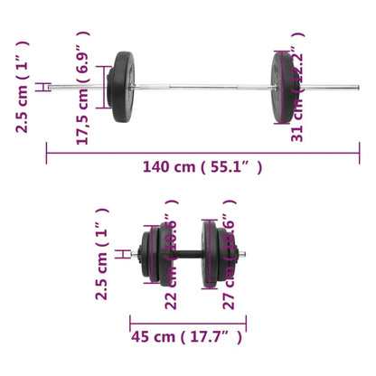 Barbell- en halterset met gelabelde afmetingen.