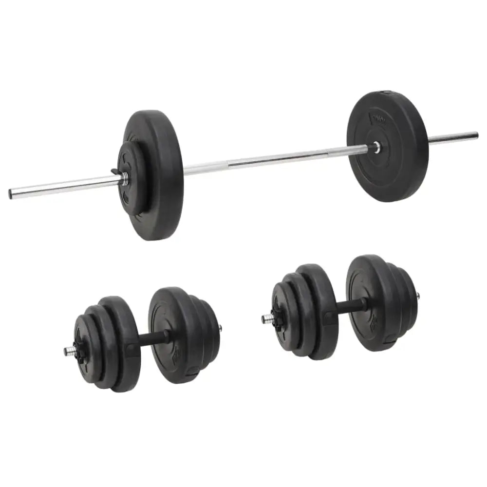 Gewichthefset bestaande uit een barbell en twee dumbbells met zwarte halterschijven.