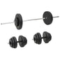 Gewichthefset bestaande uit een barbell en twee dumbbells met zwarte halterschijven.