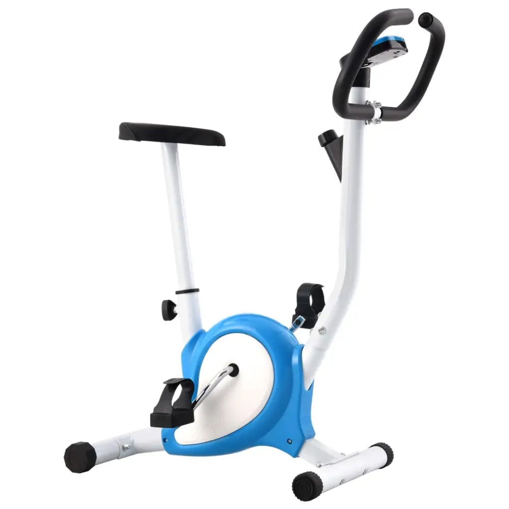 Stationaire hometrainer met een blauw en wit kleurenschema.