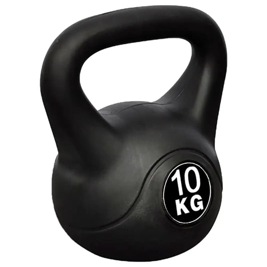 Zwarte kettlebell met ’10 KG’ op de voorkant.