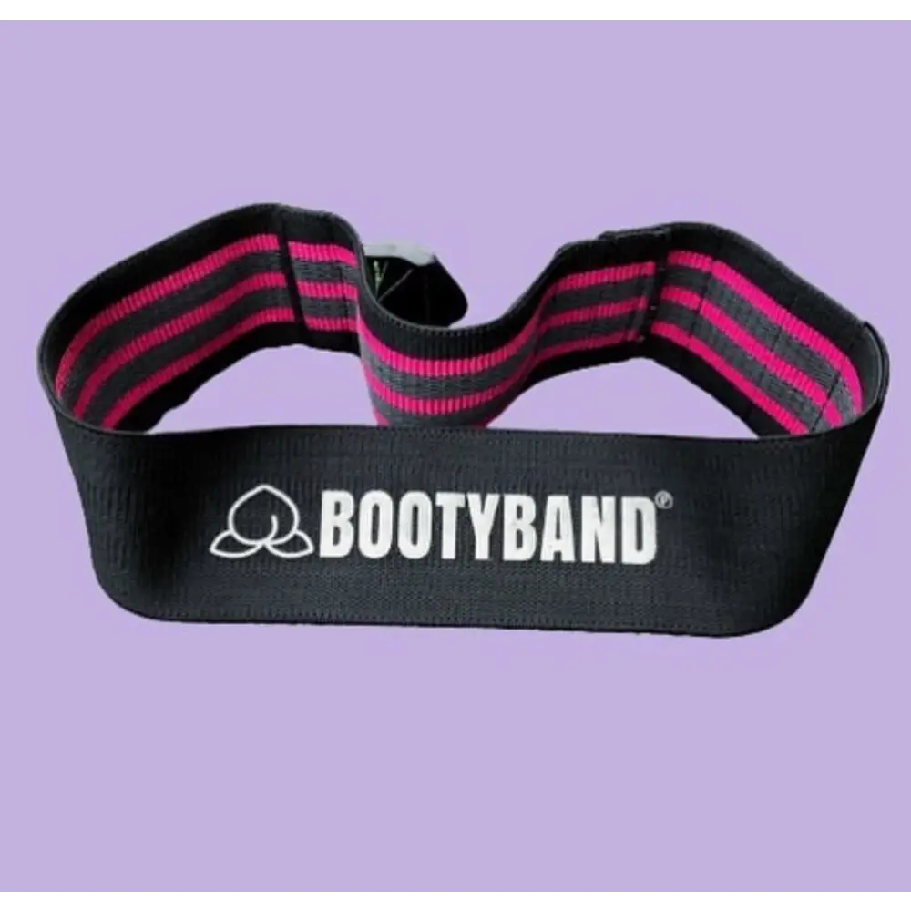 Elastische weerstandsband met ’BOOTYBAND’-logo en roze strepen.